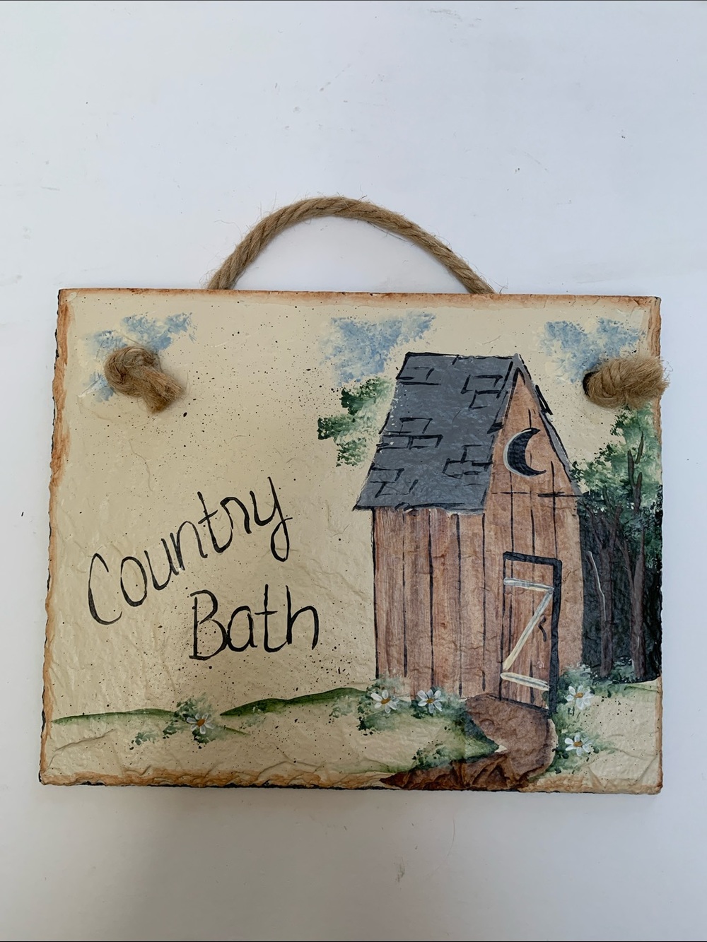 Collectibles Handmade & Painted Country Bath Rustic Hanging Sign.Pre-Owned.8x6.5